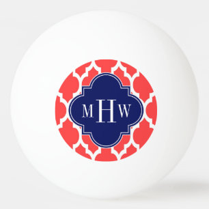 Coral Red Wht Moroccan #4 Navy Name Monogram Ping Pong Ball