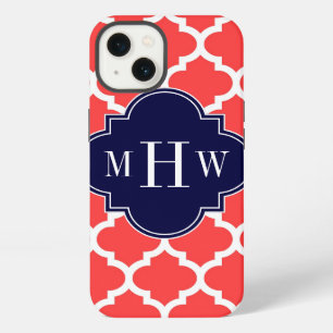 Coral Red Wht Moroccan #5 Navy 3 Initial Monogram iPhone 13 Case