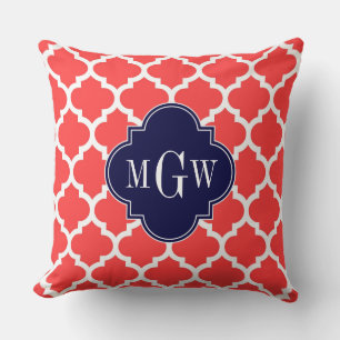 Coral Red Wht Moroccan #5 Navy 3 Initial Monogram Throw Pillow