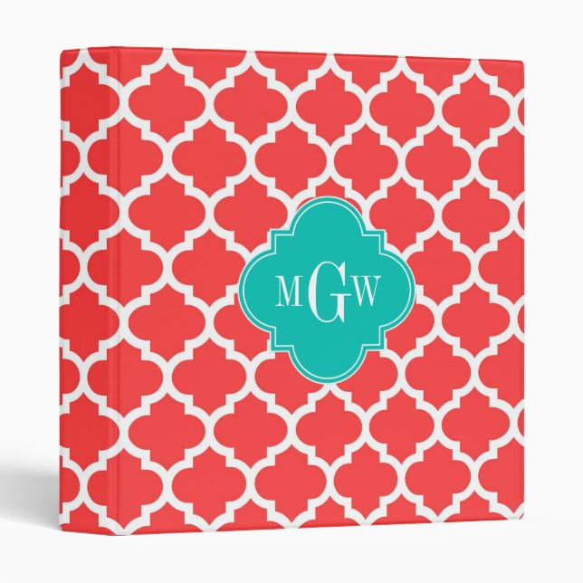 Coral Red Wht Moroccan #5 Teal 3 Initial Monogram Binder (Front/Spine)