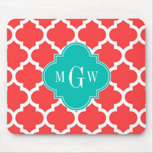 Coral Red Wht Moroccan #5 Teal 3 Initial Monogram Mouse Pad