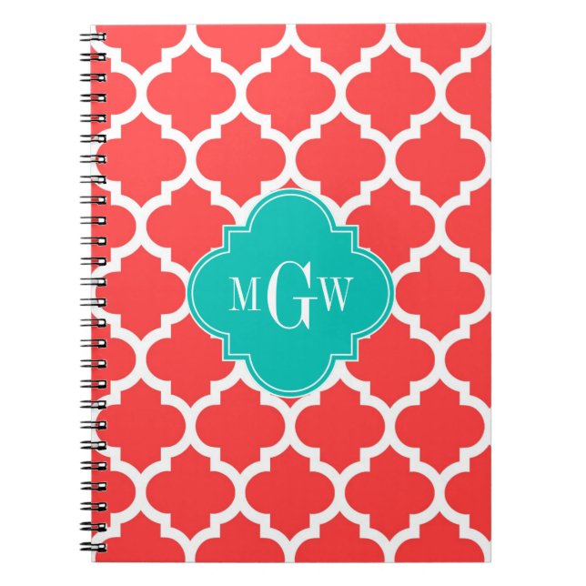 Coral Red Wht Moroccan #5 Teal 3 Initial Monogram Notebook (Front)