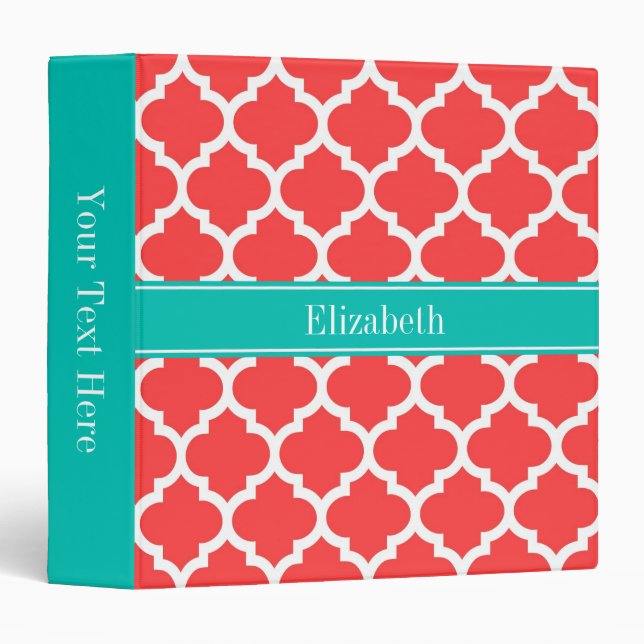 Coral Red Wht Moroccan #5 Teal Name Monogram Binder (Front/Spine)