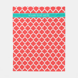Coral Red Wht Moroccan #5 Teal Name Monogram Fleece Blanket