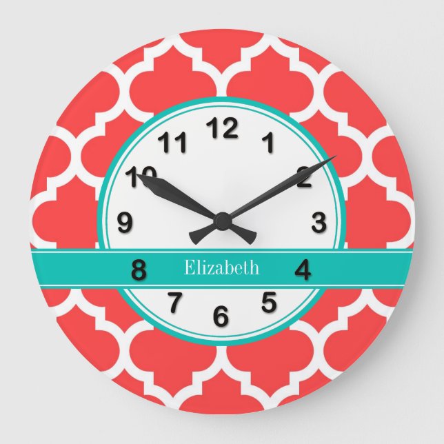 Coral Red Wht Moroccan #5 Teal Name Monogram Large Clock (Front)