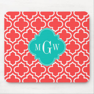 Coral Red Wht Moroccan #6 Teal Name Monogram Mouse Pad