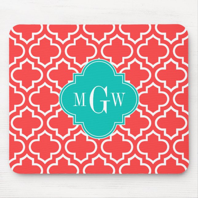 Coral Red Wht Moroccan #6 Teal Name Monogram Mouse Pad (Front)