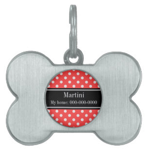 Coral Red, Wht Polka Dots Black Name Monogram Pet Name Tag