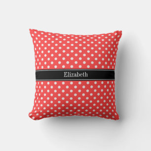 Coral Red, Wht Polka Dots Black Name Monogram Throw Pillow