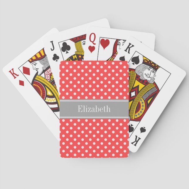Coral Red, Wht Polka Dots Dark Grey Name Monogram Playing Cards (Back)