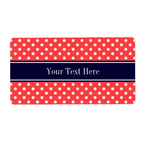Coral Red, Wht Polka Dots Navy Blue Name Monogram Shipping Label