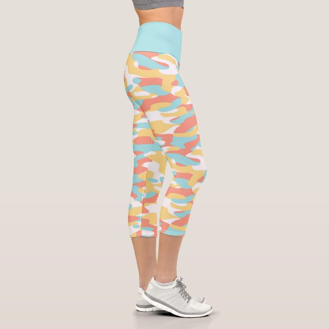 Coral Red Yellow Light Blue Camouflage Pattern Capri Leggings (Right)