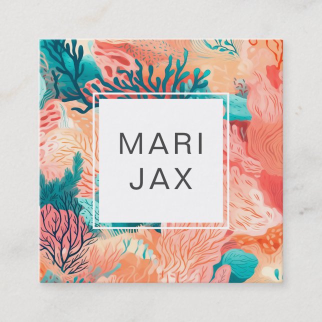 Coral reef and teal abstract square business card (Front)