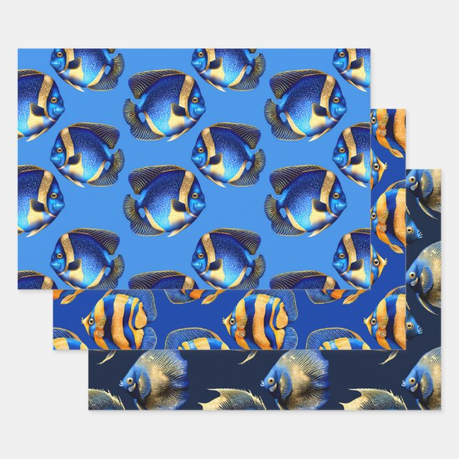 Coral reef angel fish blue orange pattern wrapping paper sheet (Set)
