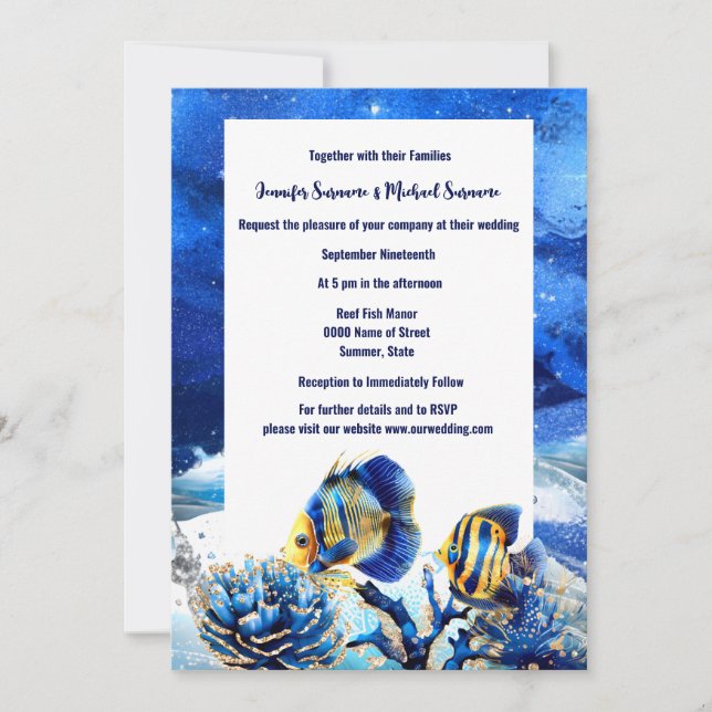 Coral reef chic blue gold butterfly fish beach invitation (Front)