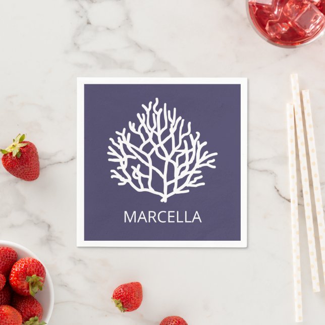 Coral Reef Custom Name Summer Beach Navy Napkin (Insitu)