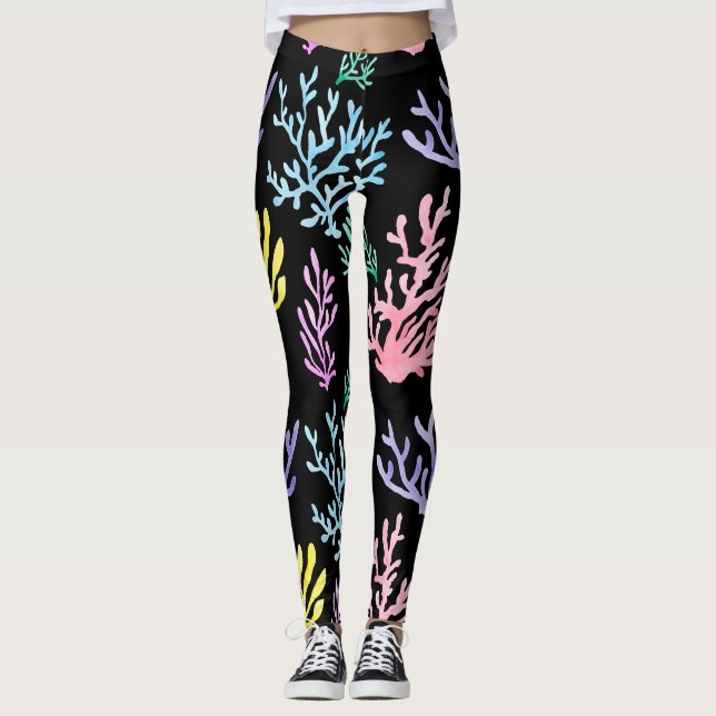 Coral Reef Elegance: Watercolor Pattern Leggings (Front)