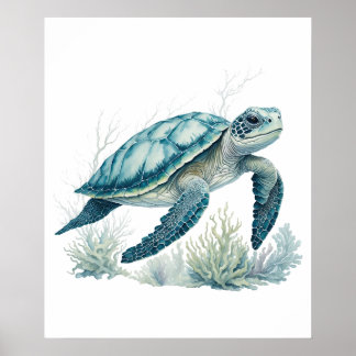 Coral Reef Explorer - Watercolor Turtle in a Coral Poster