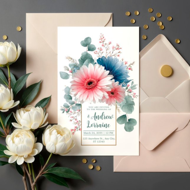 Coral Reef Gerbera and Dusty Blue Wedding Invitation (Creator Uploaded)