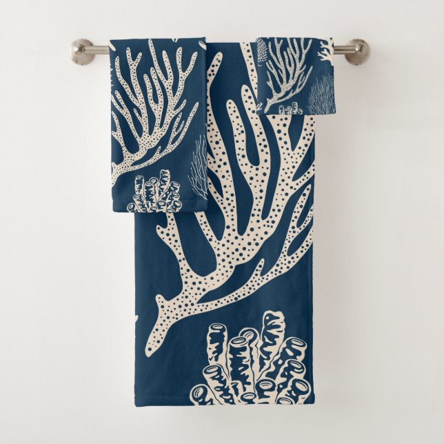 Coral reef in navy blue bath towel set (Insitu)
