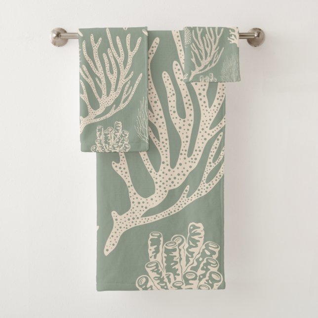 Coral reef in sage bath towel set (Insitu)