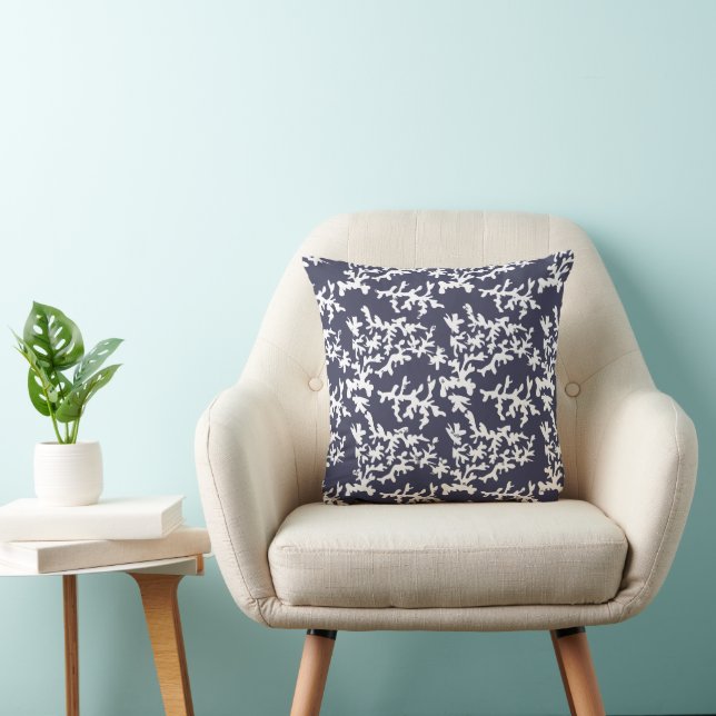Coral Reef Indigo Blue and White Beach House  Throw Pillow (Chair)