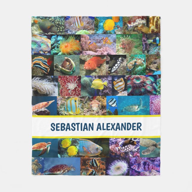 Coral Reef Marine Life Fish Animals Photos Collage Fleece Blanket (Front)