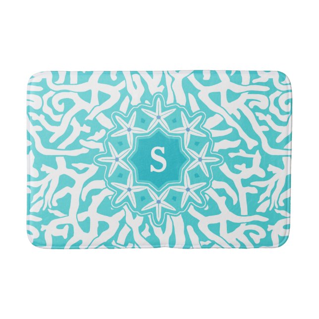 Coral Reef Ocean Starfish Monogram | Aqua Blue Bath Mat (Front)