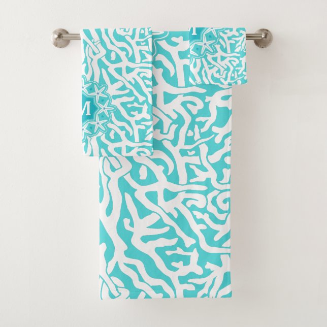 Coral Reef Ocean Starfish Monogram | Aqua Blue Bath Towel Set (Insitu)