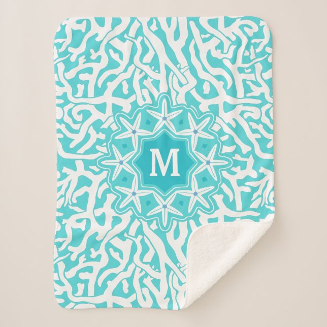 Coral Reef Ocean Starfish Monogram | Aqua Blue Sherpa Blanket (Front)