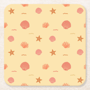 Coral Reef Seashell and Starfish Seamless Pattern  Square Paper Coaster