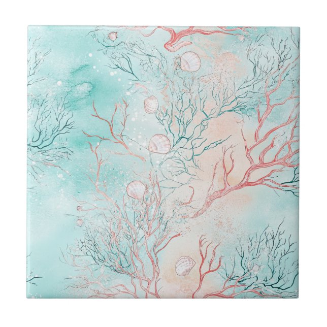 Coral Reef Seashell Watercolor Pattern Tile (Front)