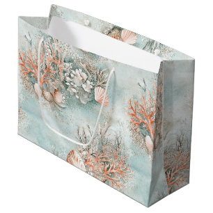 Coral Reef Seashells & Aqua Waves Pattern (10) Large Gift Bag