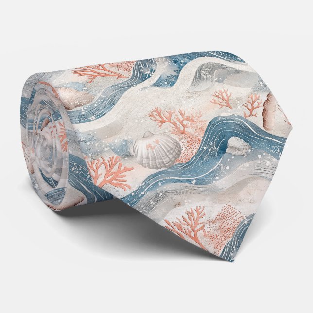 Coral Reef Seashells & Aqua Waves Pattern (13) Tie (Rolled)