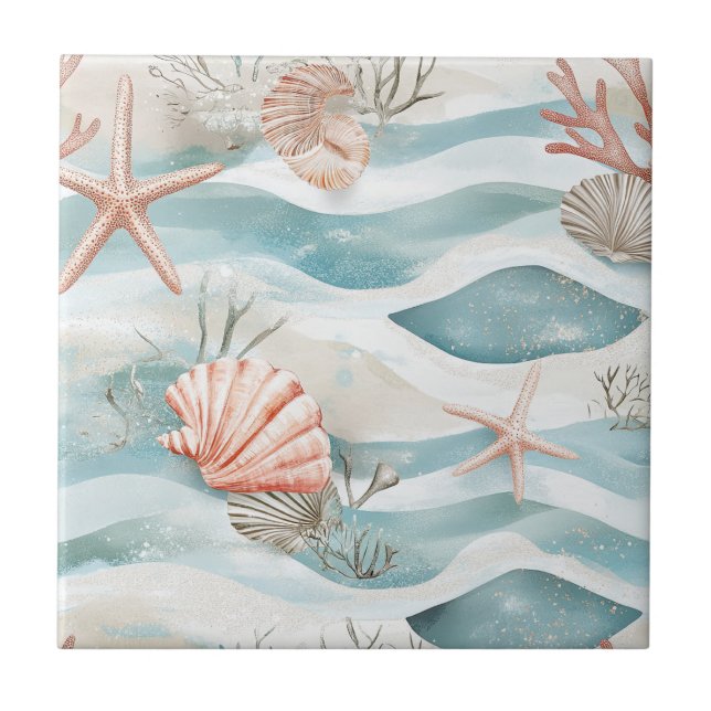 Coral Reef Seashells & Aqua Waves Pattern (4) Tile (Front)