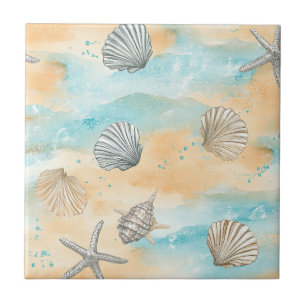 Coral Reef Seashells & Aqua Waves Pattern (5) Tile