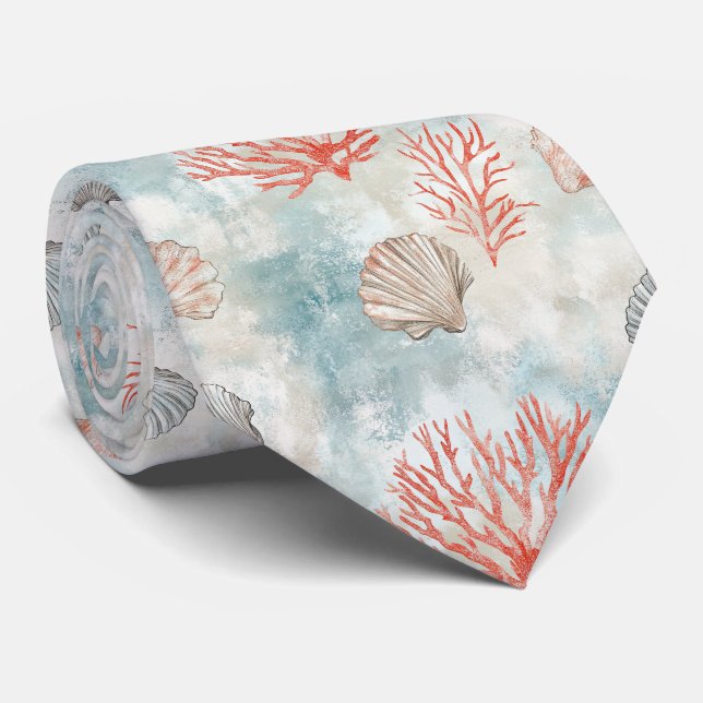 Coral Reef Seashells & Aqua Waves Pattern (7) Tie (Rolled)