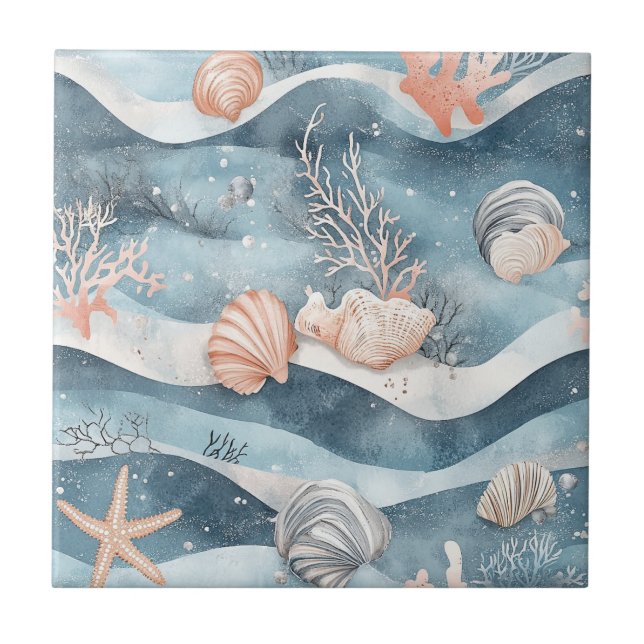 Coral Reef Seashells & Aqua Waves Pattern (8) Tile (Front)