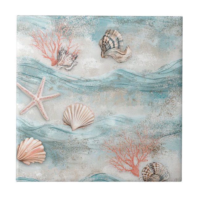 Coral Reef Seashells & Aqua Waves Pattern (9) Tile (Front)