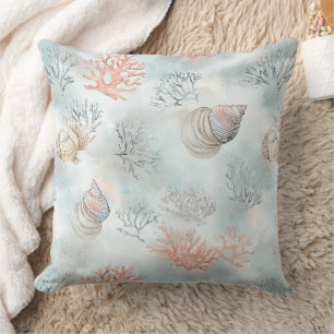 Coral Reef Seashells & Aqua Waves Pattern Throw Pillow