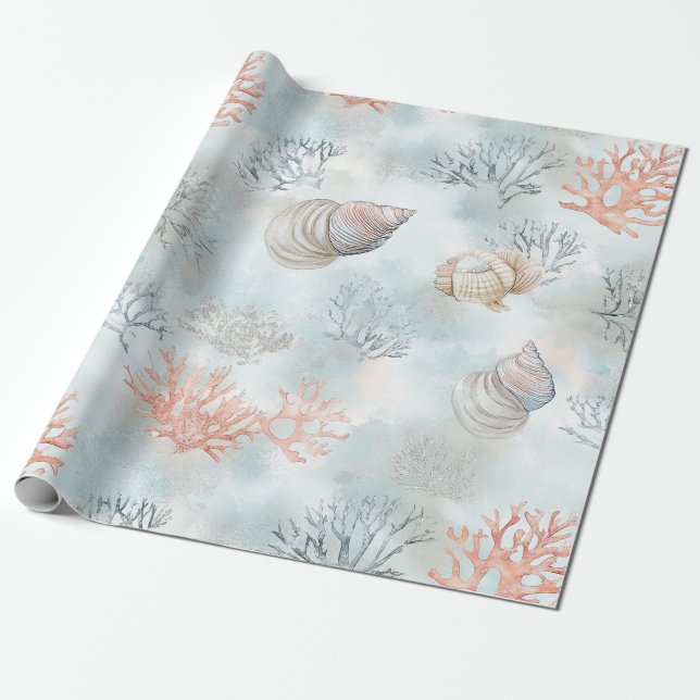 Coral Reef Seashells & Aqua Waves Pattern Wrapping Paper (Unrolled)