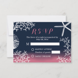 Coral Reef Starfish Navy Pink Beach Wedding RSVP Card