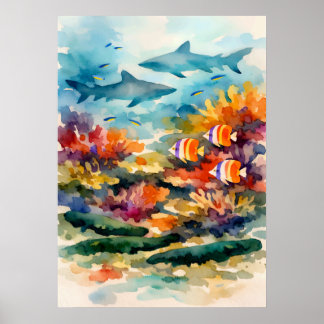 Coral Reef Symbiosis Watercolor Art Poster