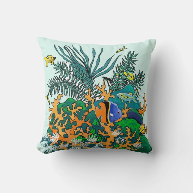 Coral Reef Tropical Aquarium Colour Illustration Throw Pillow (Front)