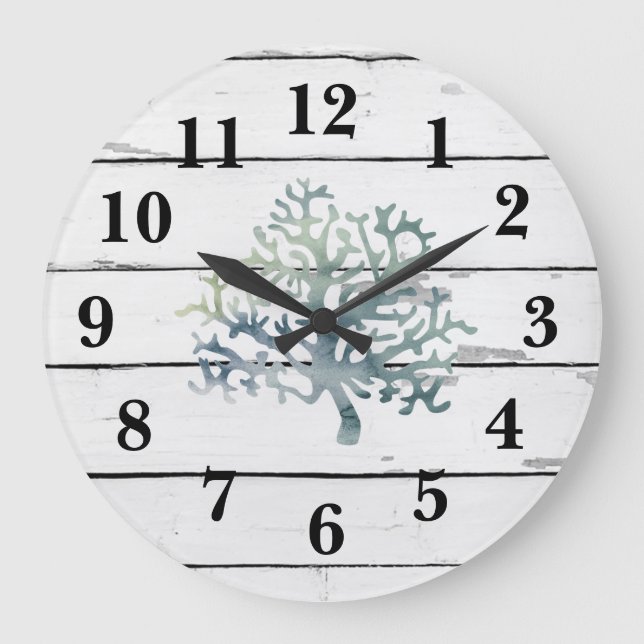 Coral Reef Turquoise Beach Decor Rustc Shiplap Large Clock (Front)