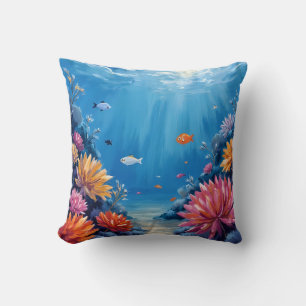Coral Reef Under the Sea Ocean Painting Throw Pillow