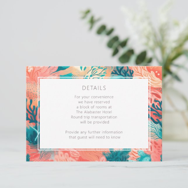 Coral Reef Vibrant Blush pink and teal Details Enclosure Card (Standing Front)