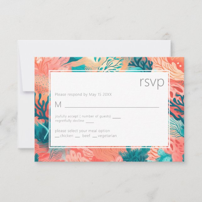 Coral Reef Vibrant Blush pink and teal RSVP (Front)