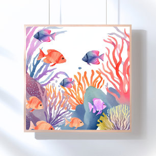 Coral Reef   Watercolor Colorful Fish Ocean Poster
