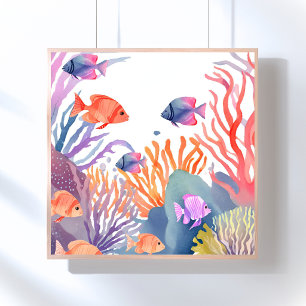 Coral Reef   Watercolor Colourful Fish Ocean Poster
